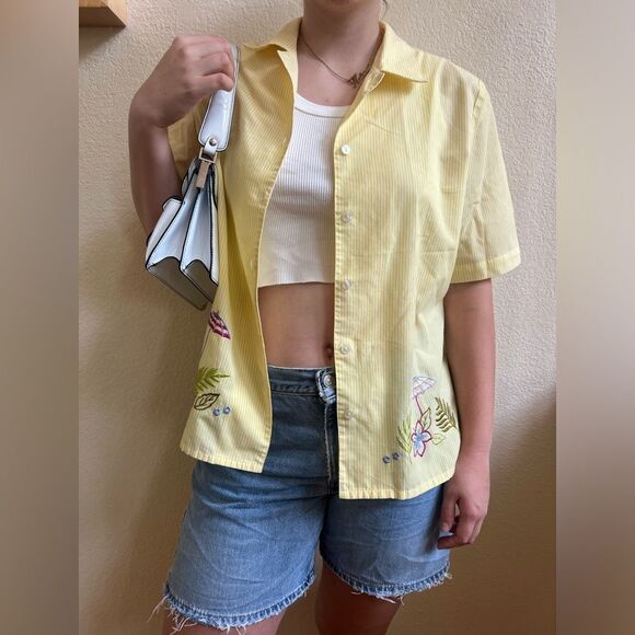 Allison Daley short sleeve button up yellow striped embroidered summer detailing - Picture 1 of 10